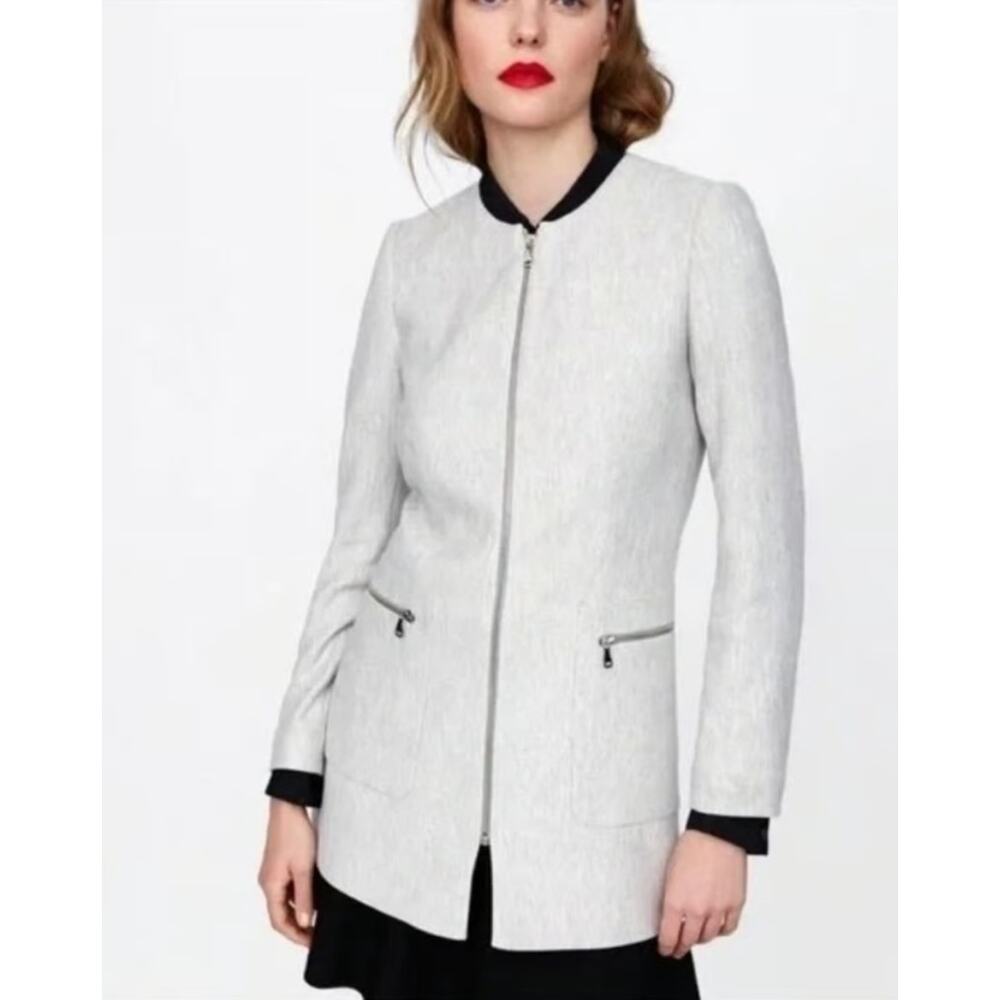 Zara Light Gray Herringbone Chevron Longline Zipper Jacket Blazer Cotton Coat XS